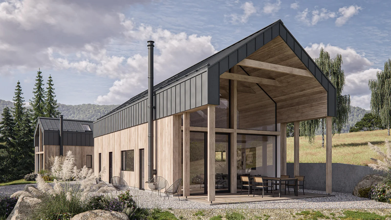 3D visualisation of a timber house with a covered terrace in a natural setting