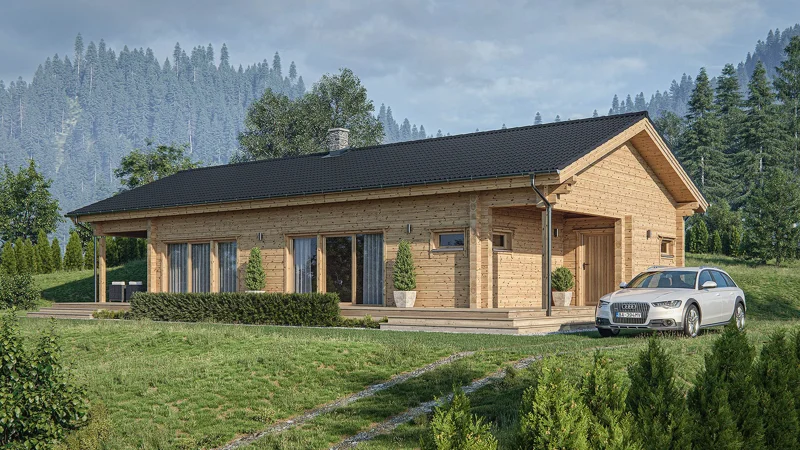 3D vizualizácia dreveného bungalovu s krytou terasou pri lese