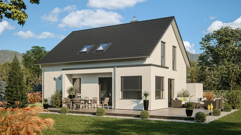 3D vizualizácia rodinného domu so sedlovou strechou a záhradnou terasou