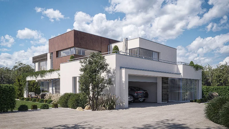 3D vizualizácia moderného rodinného domu s garážou a terasou